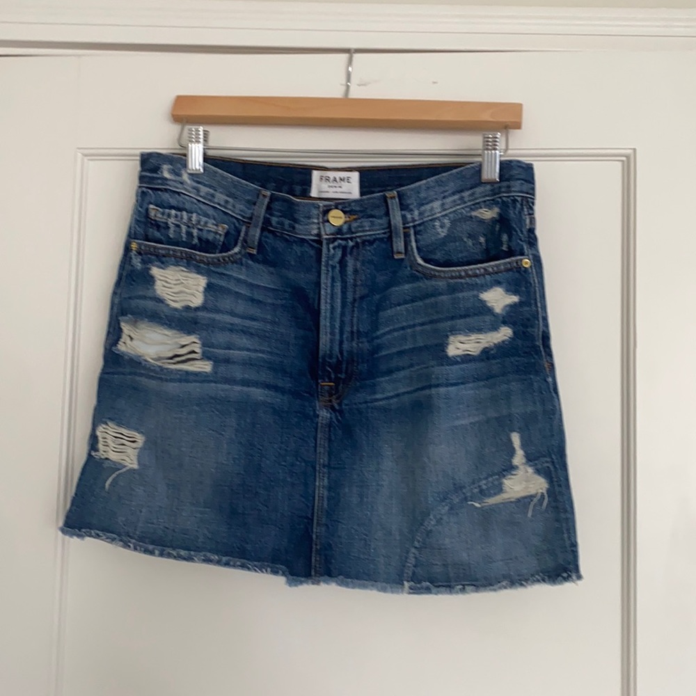 VINTAGE frame mini denim skirt size 30. medium blue with rips. perfect condition